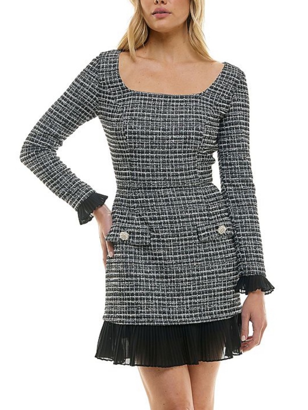 Taylor Tweed Pearl Button Dress Black White Pleated Hem Size 12 NWT